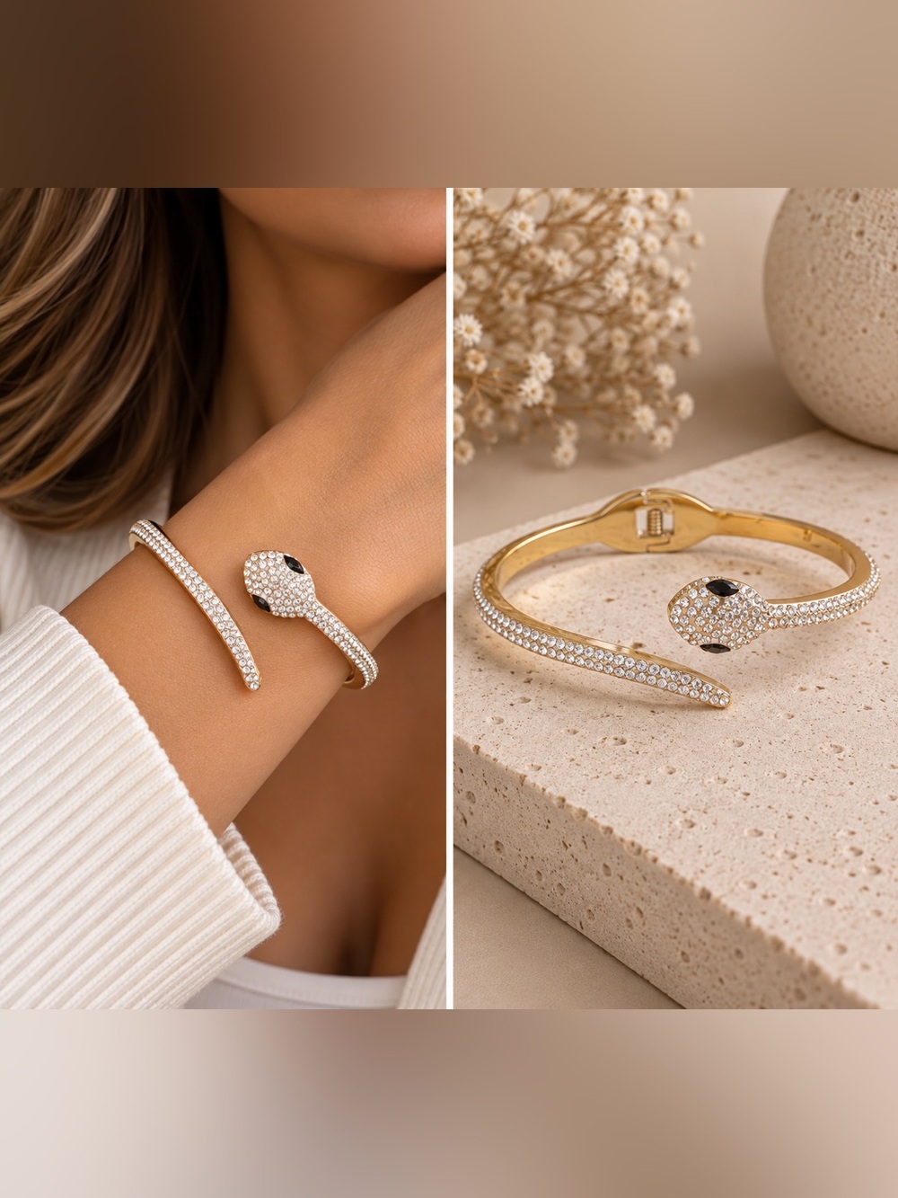 Non-Tarnish 18K Gold Plated Crystal Snake Bangle